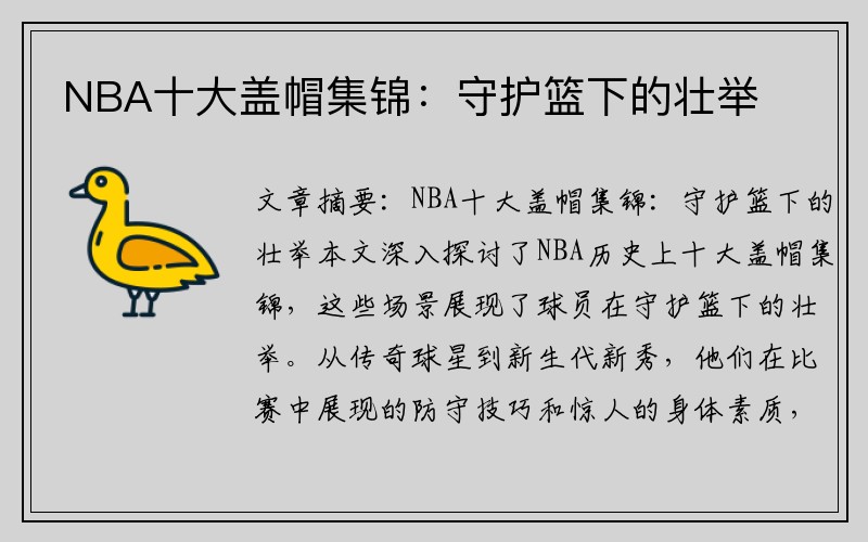 NBA十大盖帽集锦：守护篮下的壮举