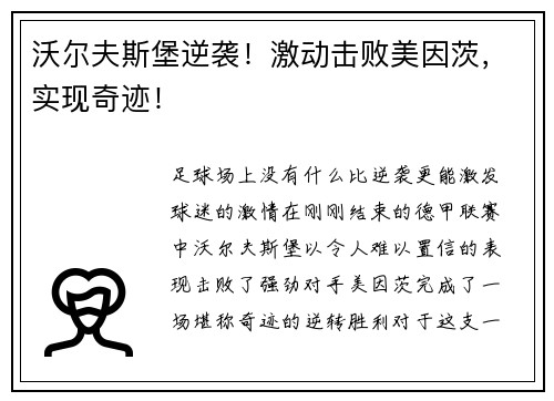 沃尔夫斯堡逆袭！激动击败美因茨，实现奇迹！