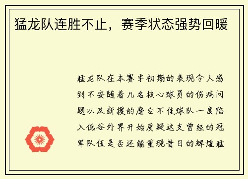 猛龙队连胜不止，赛季状态强势回暖
