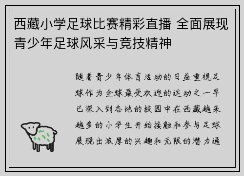 西藏小学足球比赛精彩直播 全面展现青少年足球风采与竞技精神